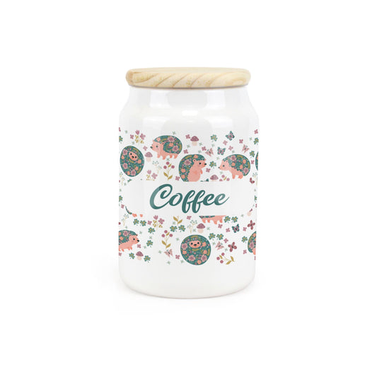 White ceramic canister featuring a hare and dandelion design.