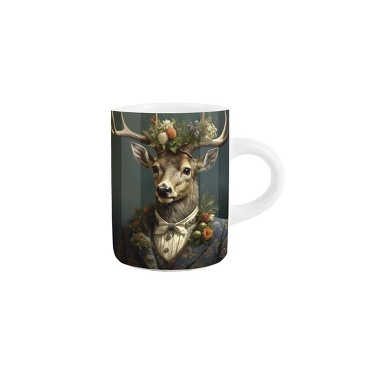 Small ceramic espresso mug featurign a delightful Edwardian-inspired stag portrait design.