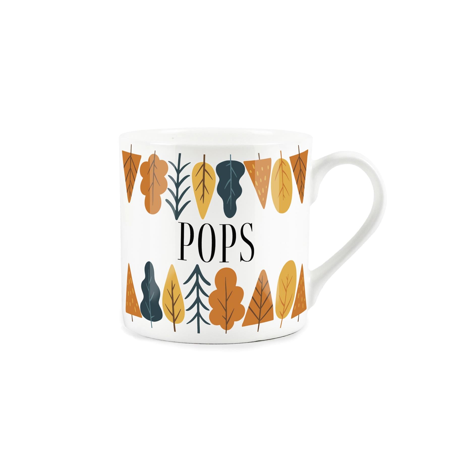 Autumnal tree themed white bone china mug with the word pops on it
