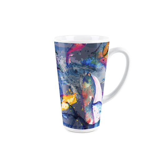 Large white latte mug featuring painted whale design
