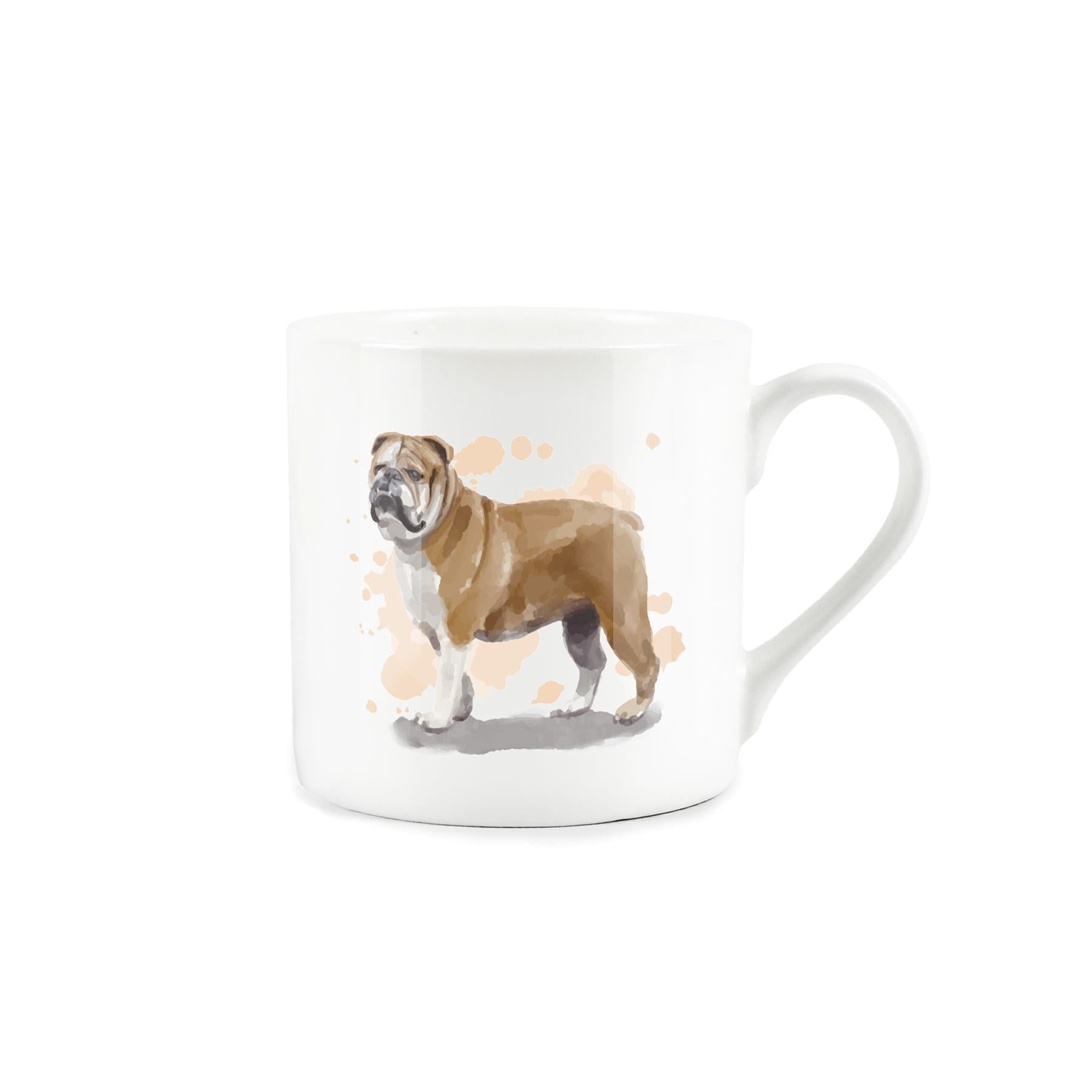 Bone China mug adorned with charming watercolour artwork of a bulldog
