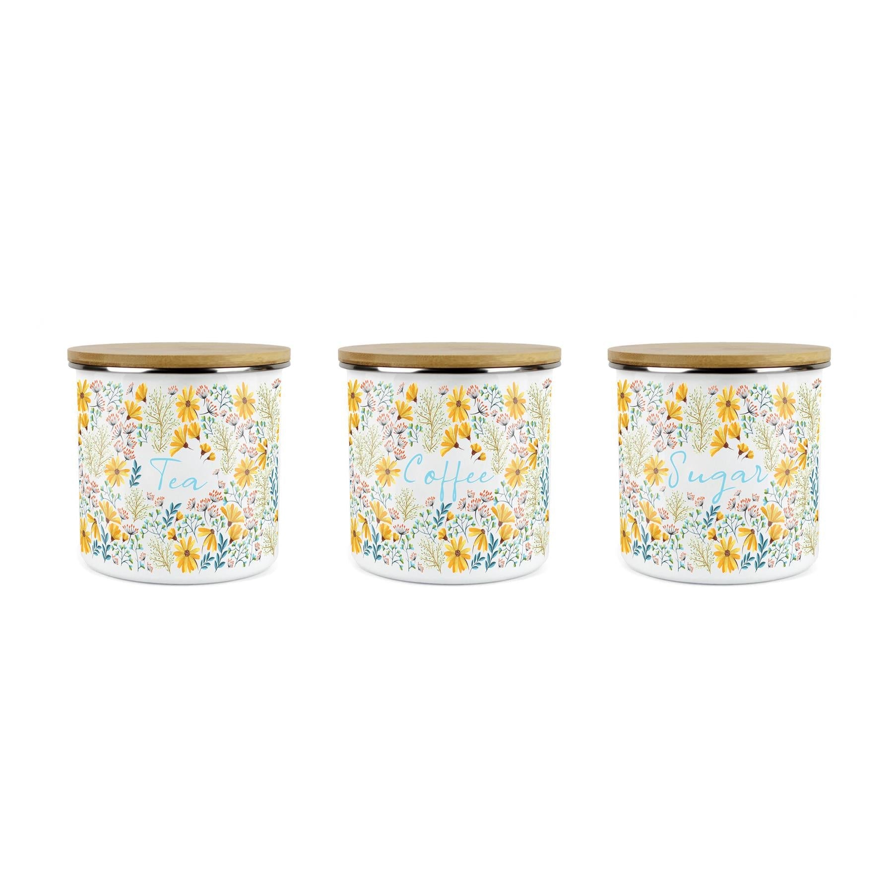 Tea, Coffee & Sugar Storage Canisters - 3x Floral Daisies Enamel Container