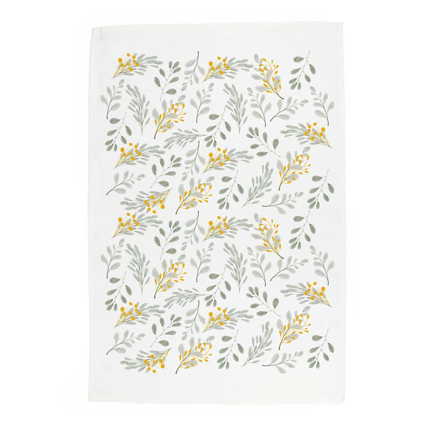 Muted illustrations of leaves printed onto an white panama cotton tea towel