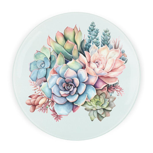 Round glass worktop protector with succulent design