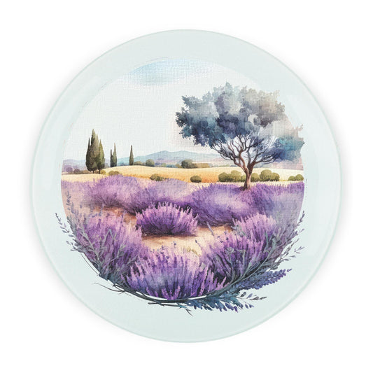 Round glass worktop protector with lavender field design
