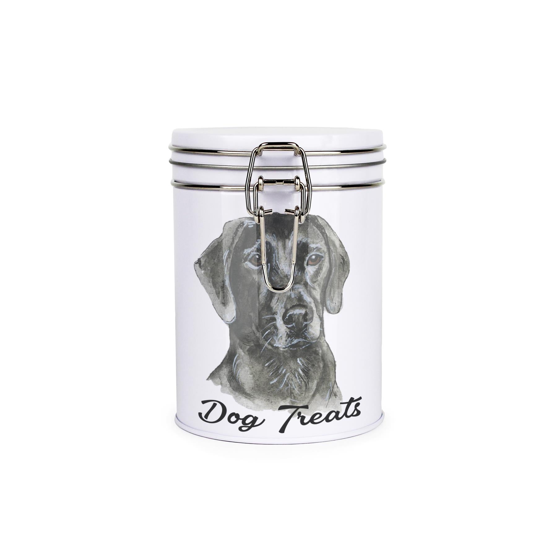 White tinplate canister with metal clip and lid featuring the face of a Black Labrador with the caption 'Dog Treats'