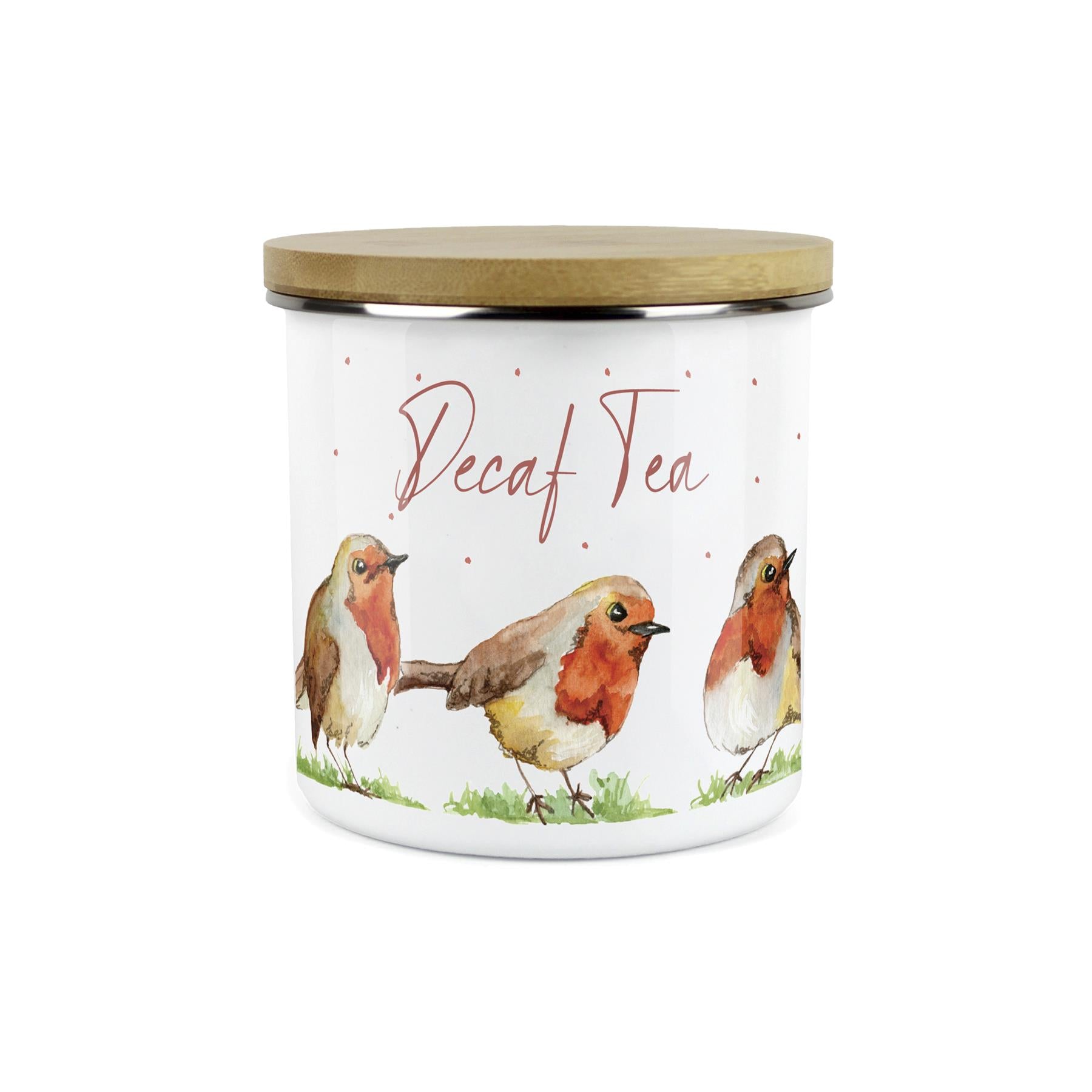 Decaf Tea Storage Canister - Robins Watercolour Painted Kitchen Storage Jar