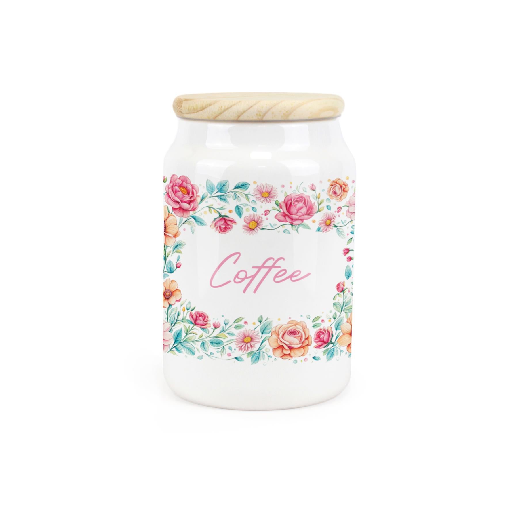 White ceramic canister featuring blooming floral design with pink text.