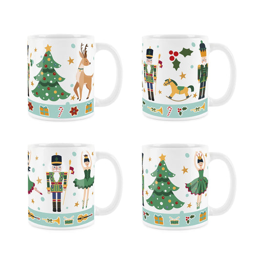 Nutcracker Mug Set of 4 Green on White