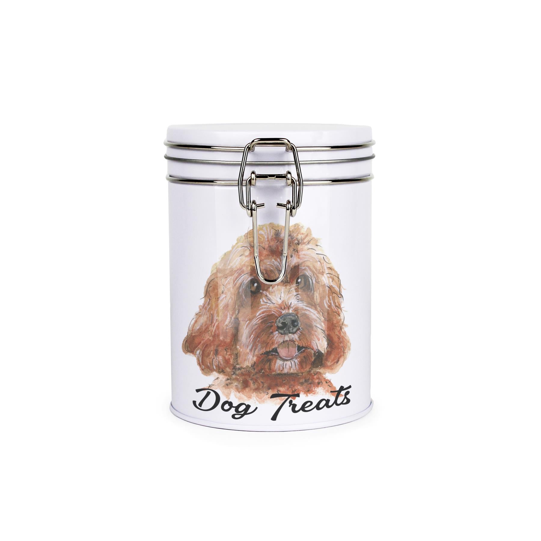 White tinplate canister with metal clip and lid featuring the face of a Labradoodle with the caption 'Dog Treats'