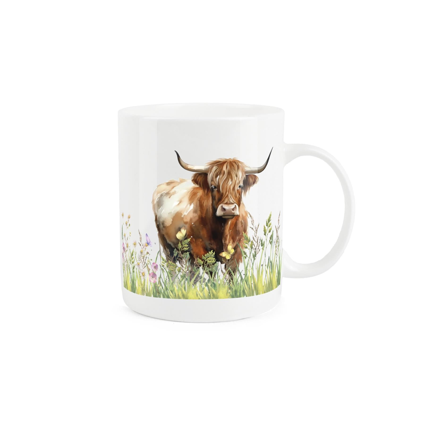 White bone china mug featuring adorable highland cow design standing among grass and flowers.