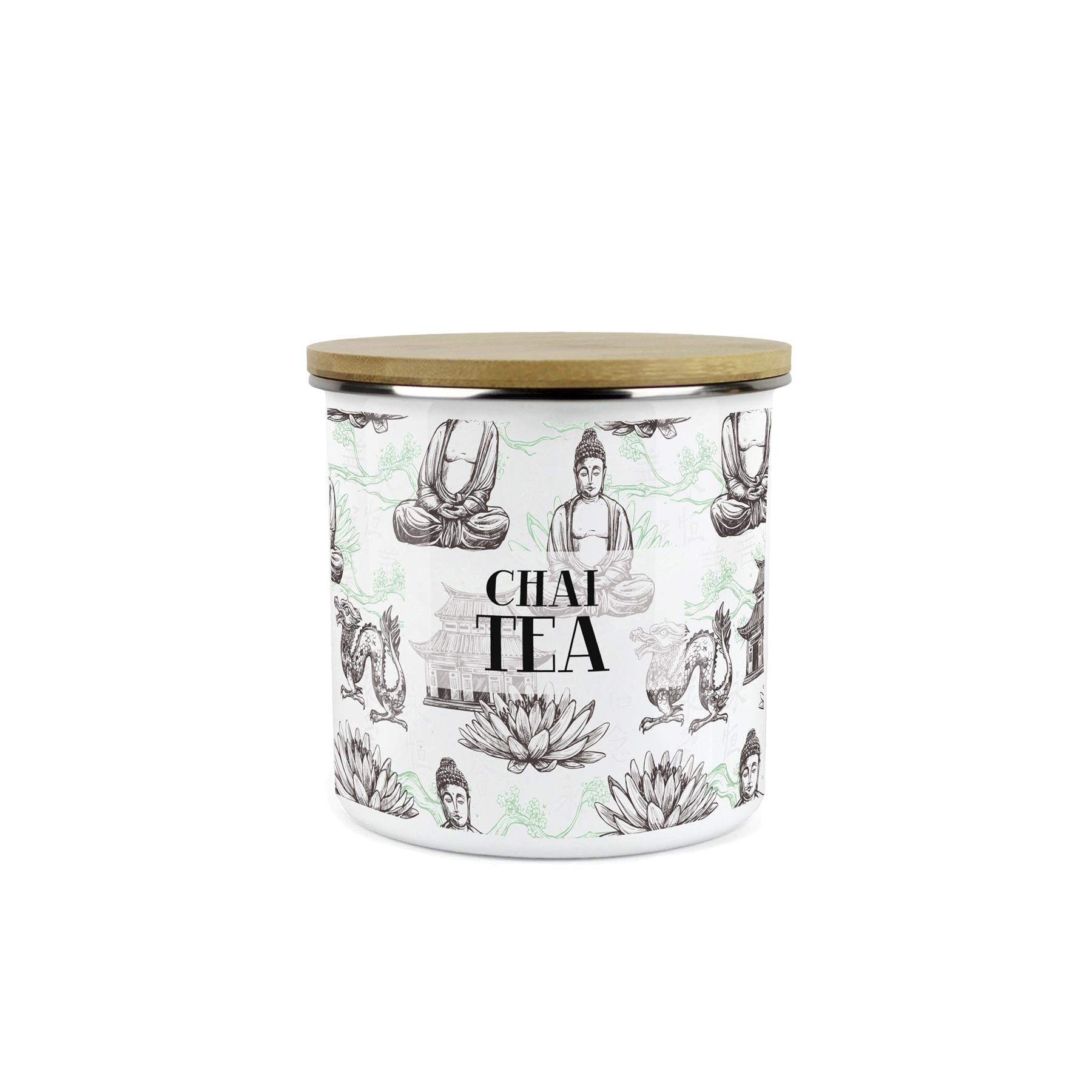 Chai Tea Storage Canister - Oriental Scene Enamel Kitchen Storage Jar