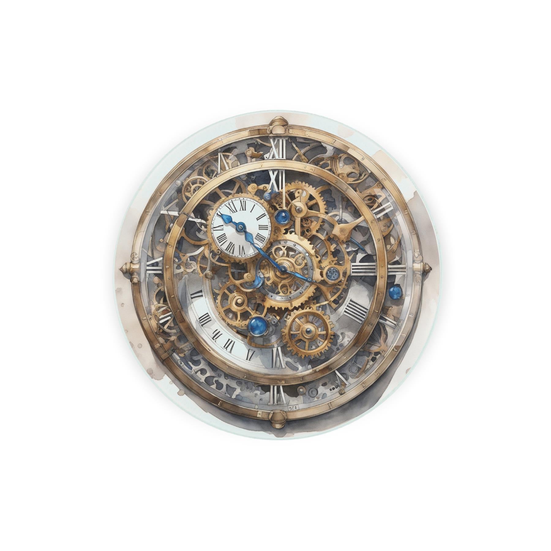 Add a touch of vintage charm with this round glass trivet/pot stand featuring an intricate clock-themed design.