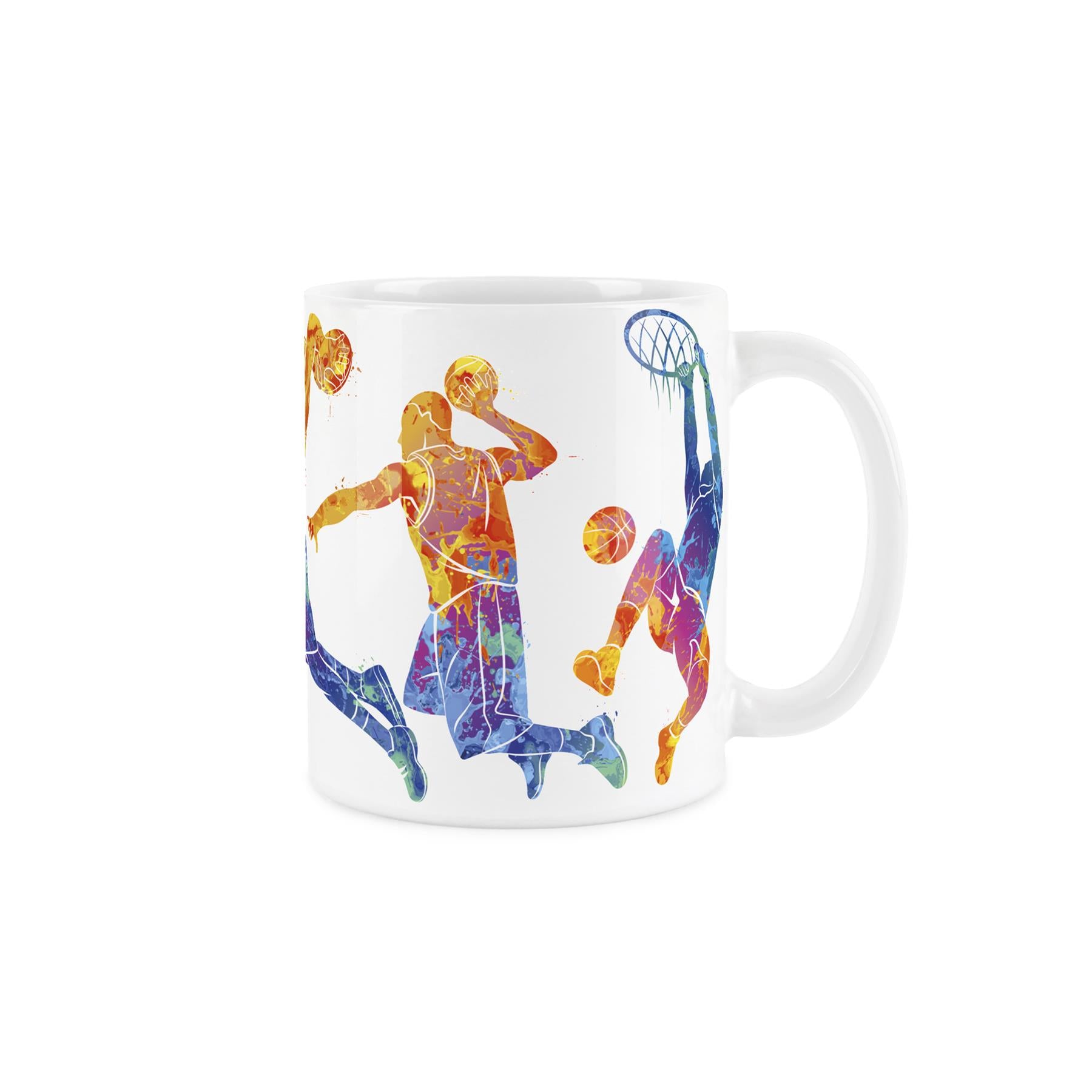 White ceramic mug featuring vibrant, paint-splattered depiction of people playing gym fitness