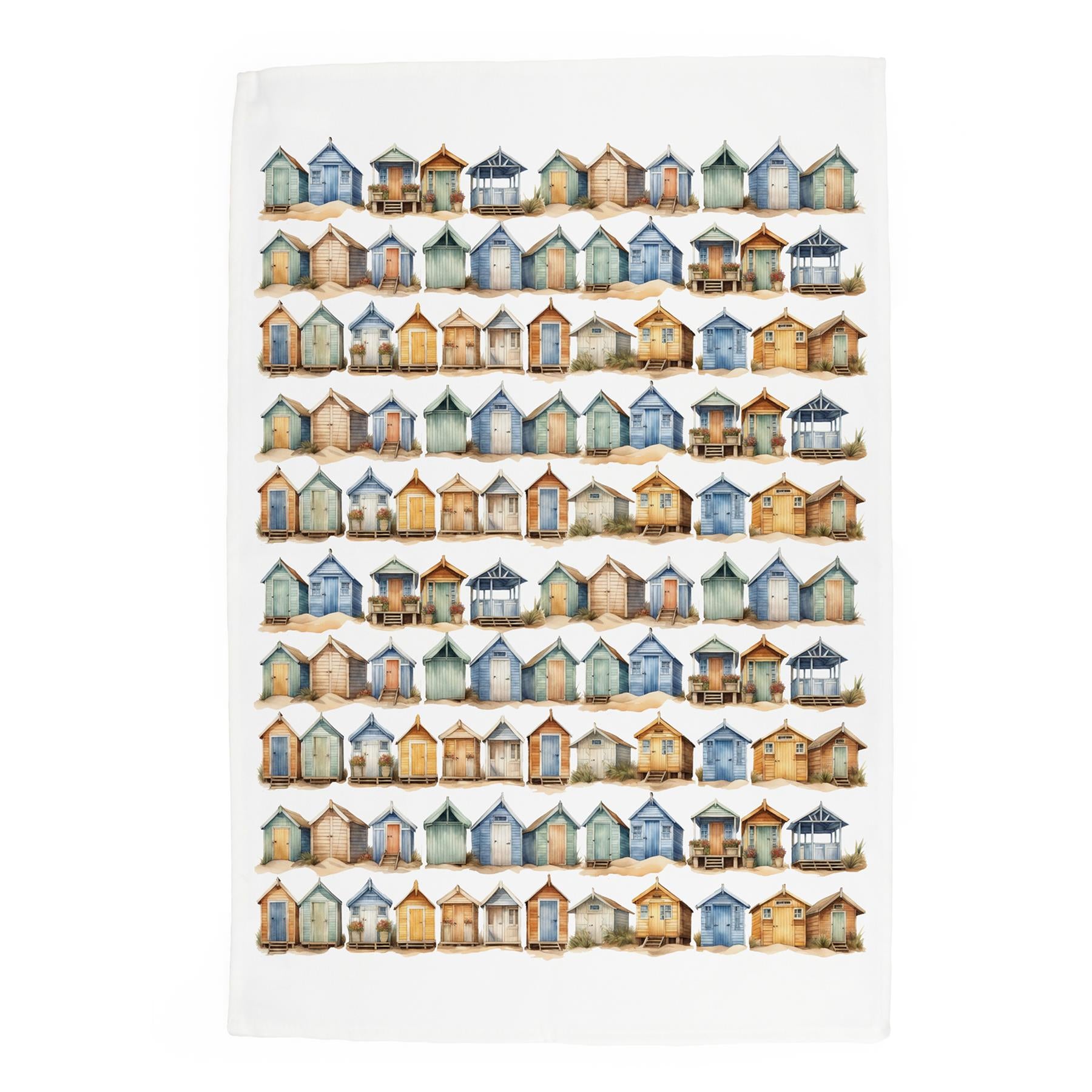 Watercolour design depicting  beach huts arranged into a grid like pattern printed onto a white cotton kitchen towel