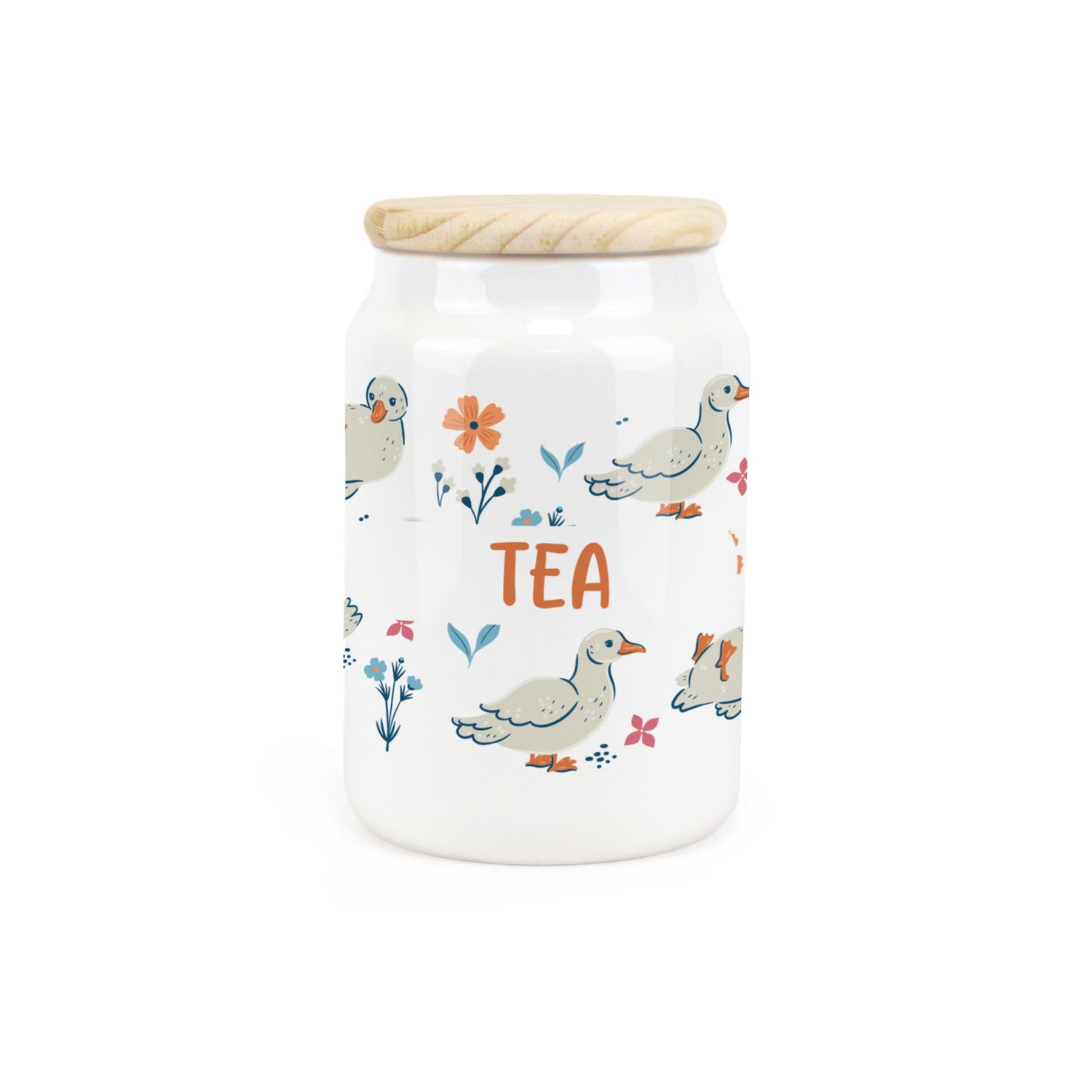 White ceramic canister featuring waddling ducks with a tea design.
