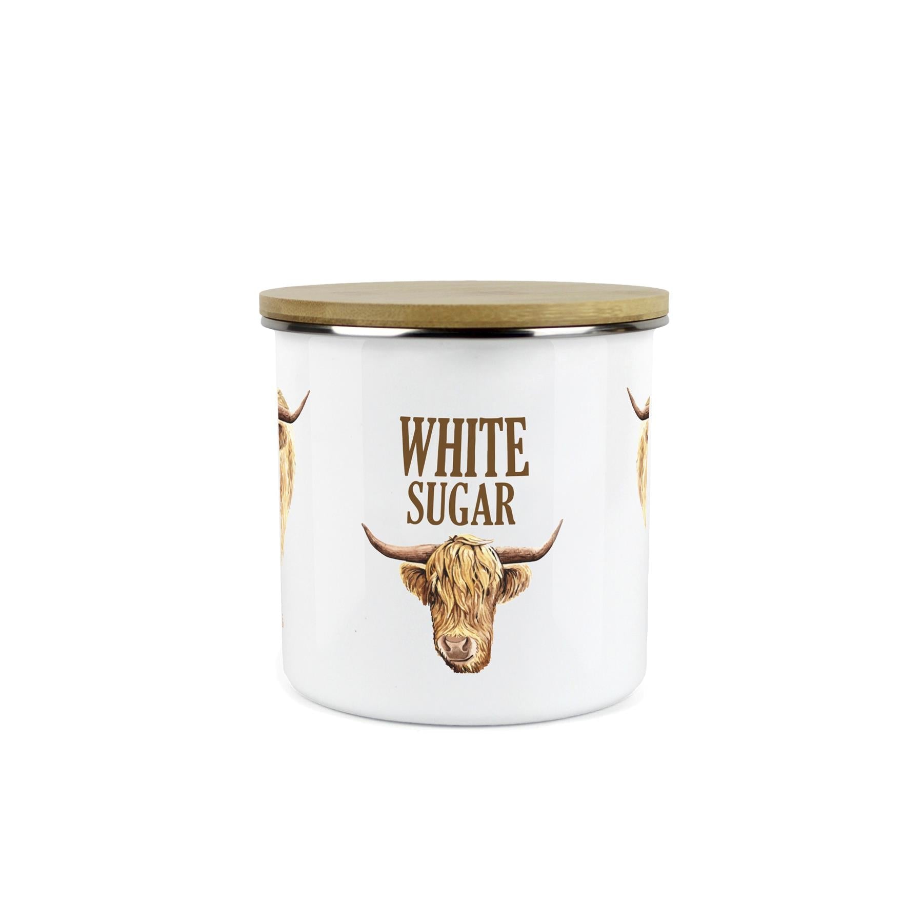 White Sugar Highland Cow Storage Canister - Enamel & Bamboo Kitchen Storage Jar