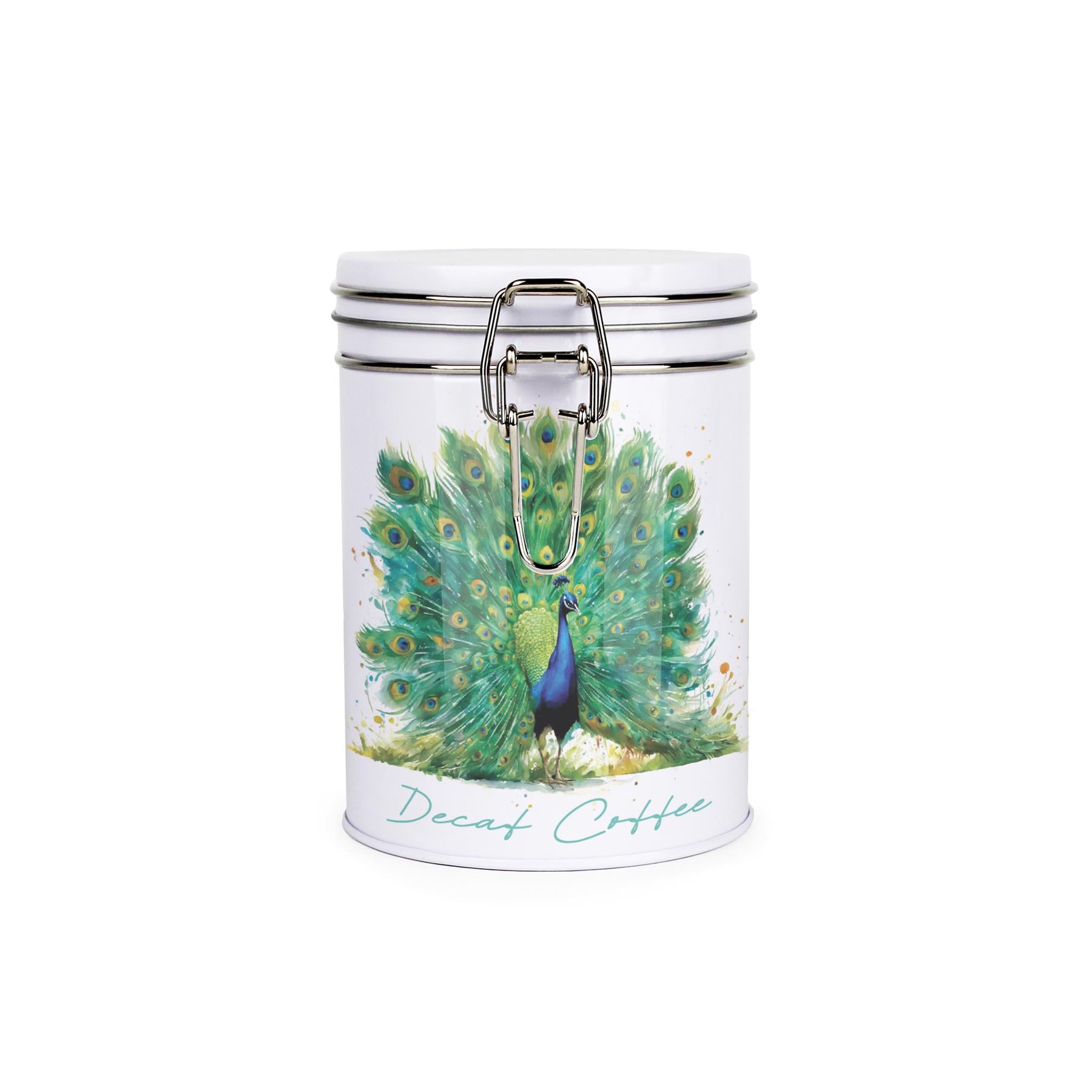 Tin metal storage canister with metal clip and lid featuring a vibrant peacock spreading its feathers and decaf coffee text