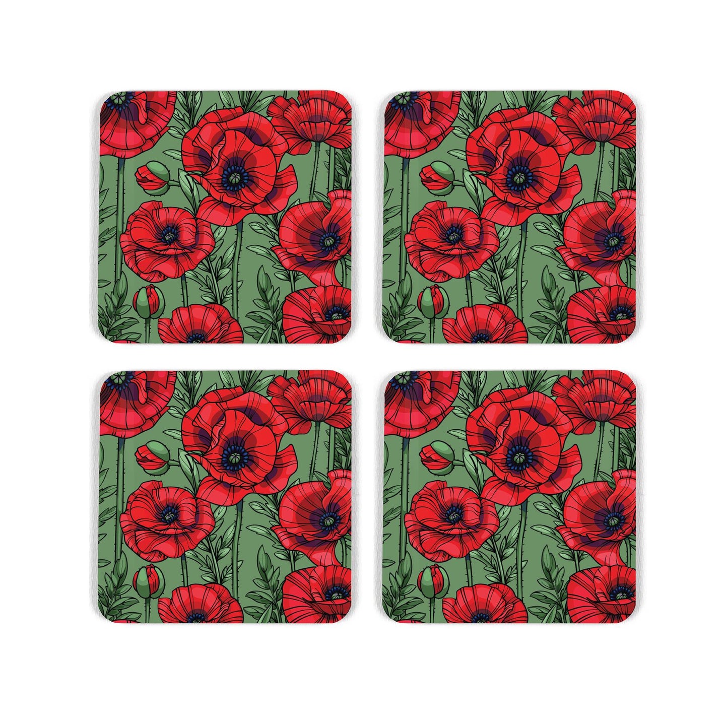 For cork coasters with vibrant green and red poppy print design