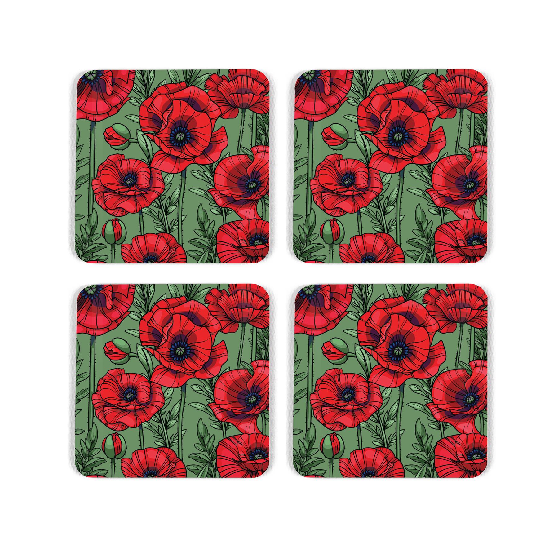 For cork coasters with vibrant green and red poppy print design