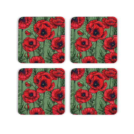 For cork coasters with vibrant green and red poppy print design
