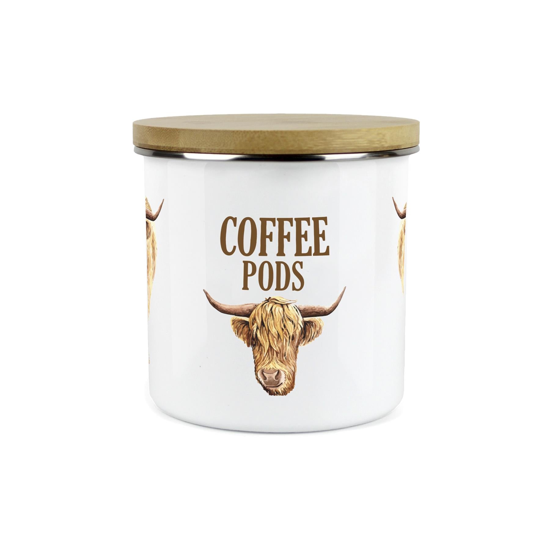 Coffee Pods Highland Cow Storage Canister - Enamel & Bamboo Kitchen Storage Jar