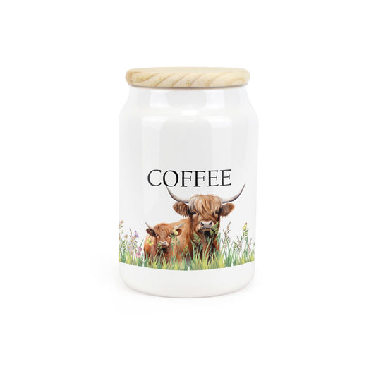White ceramic canister featuring a highland cow and calf in a meadow design.