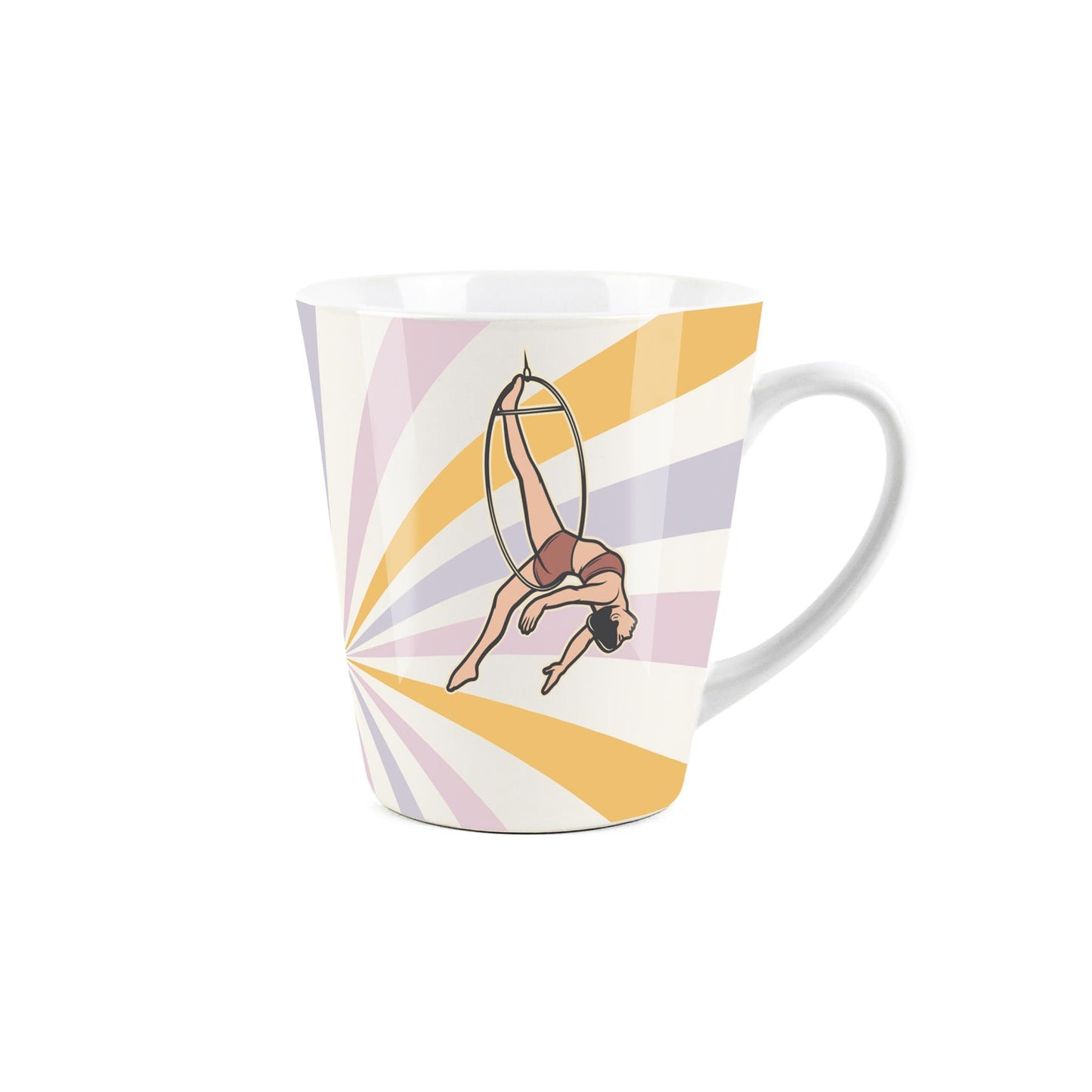 Small white latte mug featuring a vintage circus design