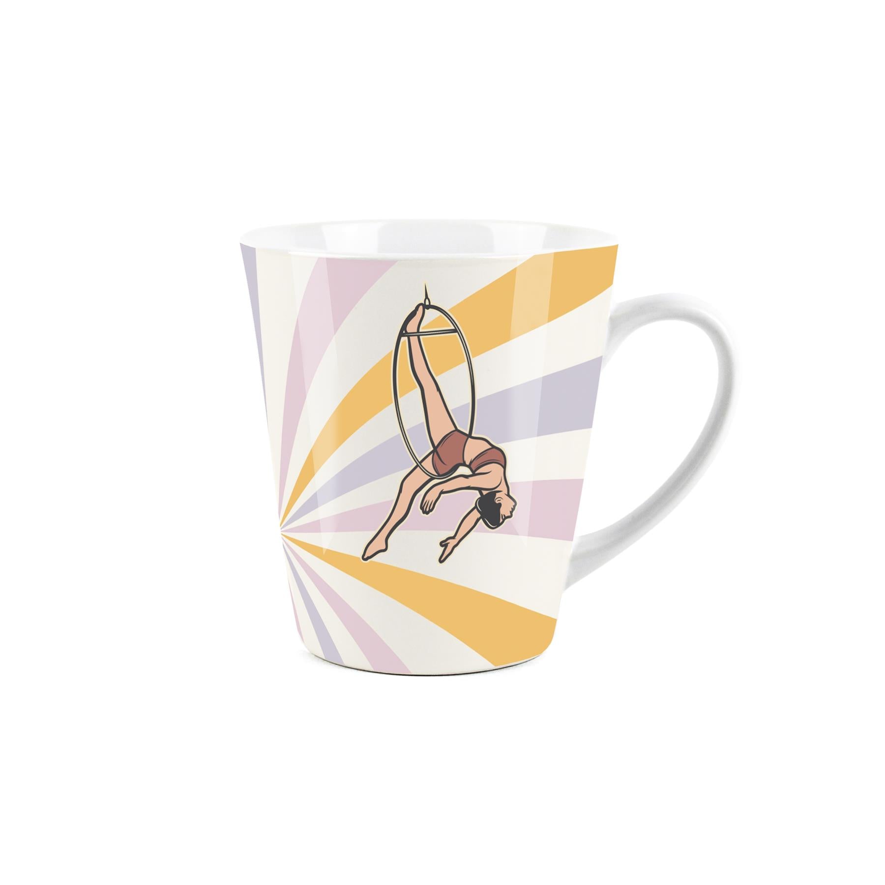 Small white latte mug featuring a vintage circus design
