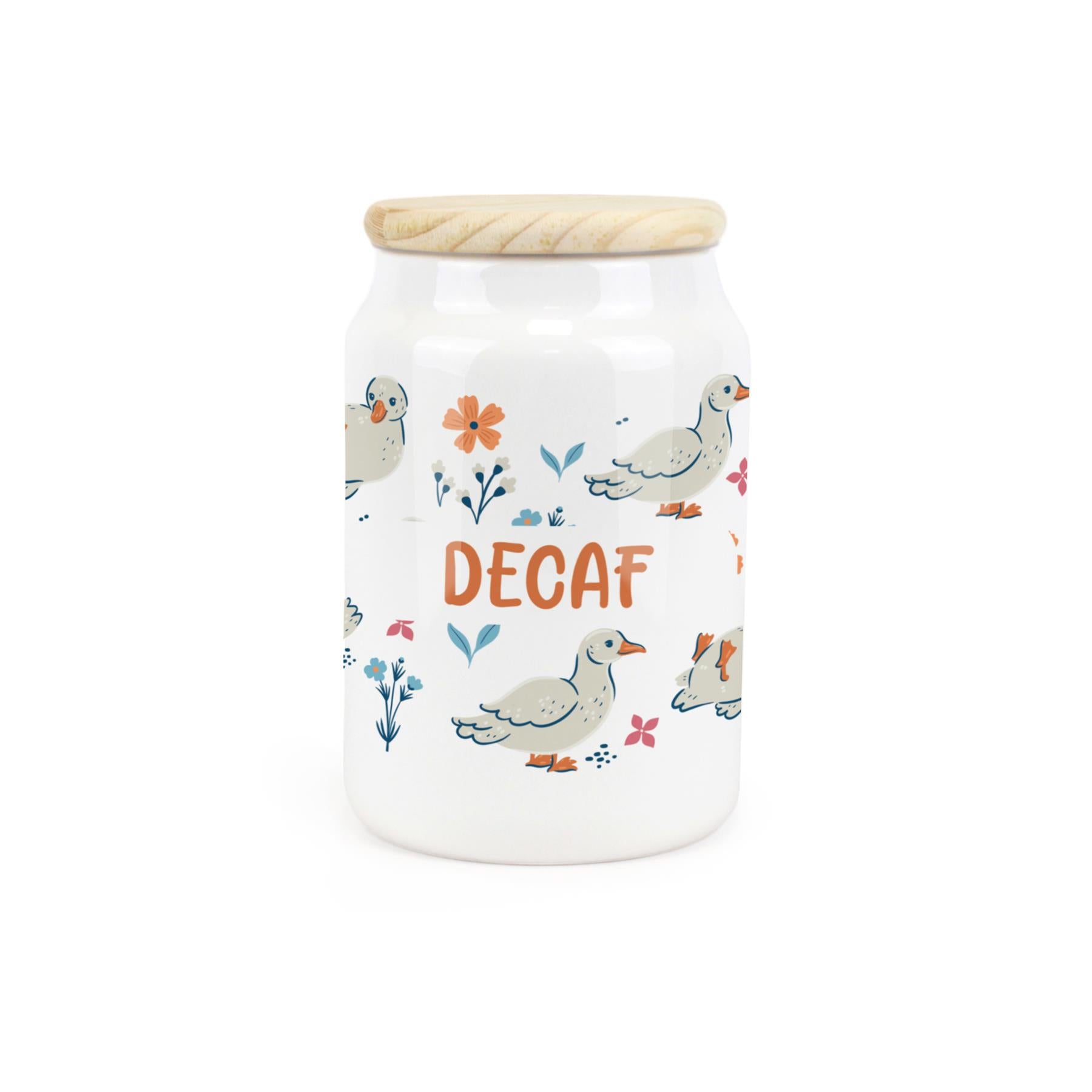 White ceramic canister featuring waddling ducks with a decaf design.