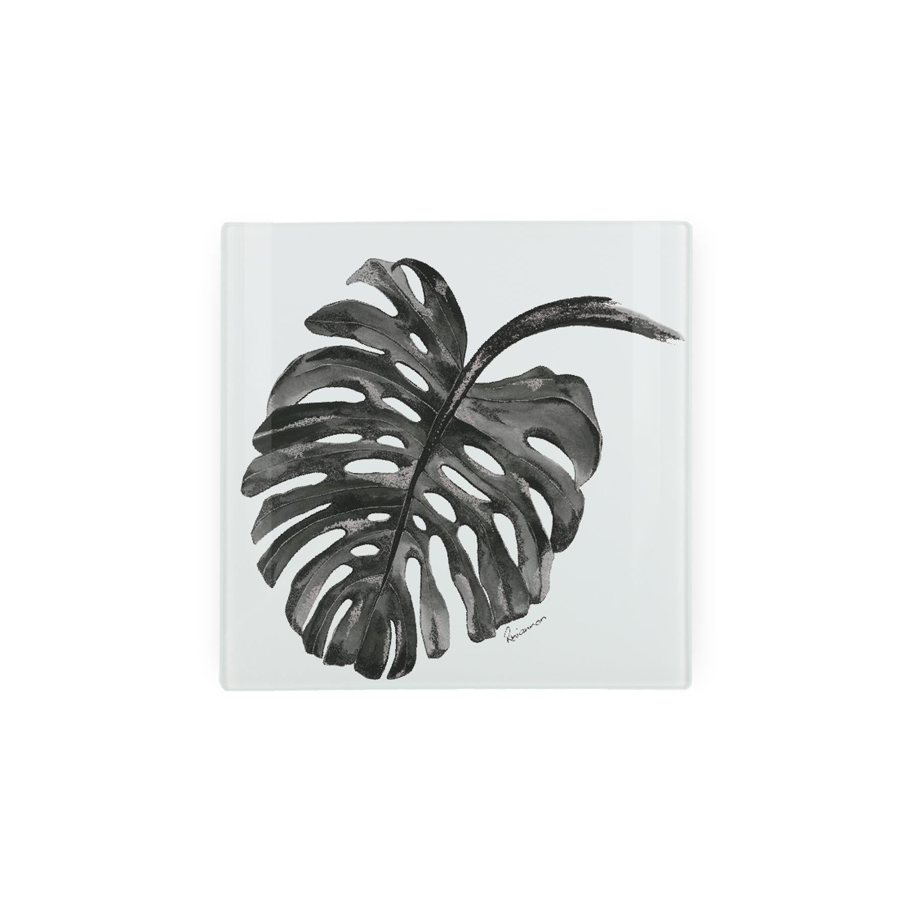 Mini glass worktop protector with watercolour leaf print by Rhiannon Chauncey.