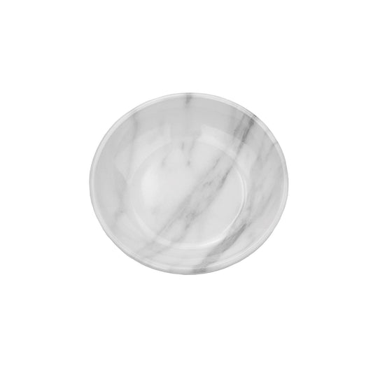 Lightweight melamine saucer with sleek marble effect. Dishwasher safe, break resistant, with non-skid silicone base.