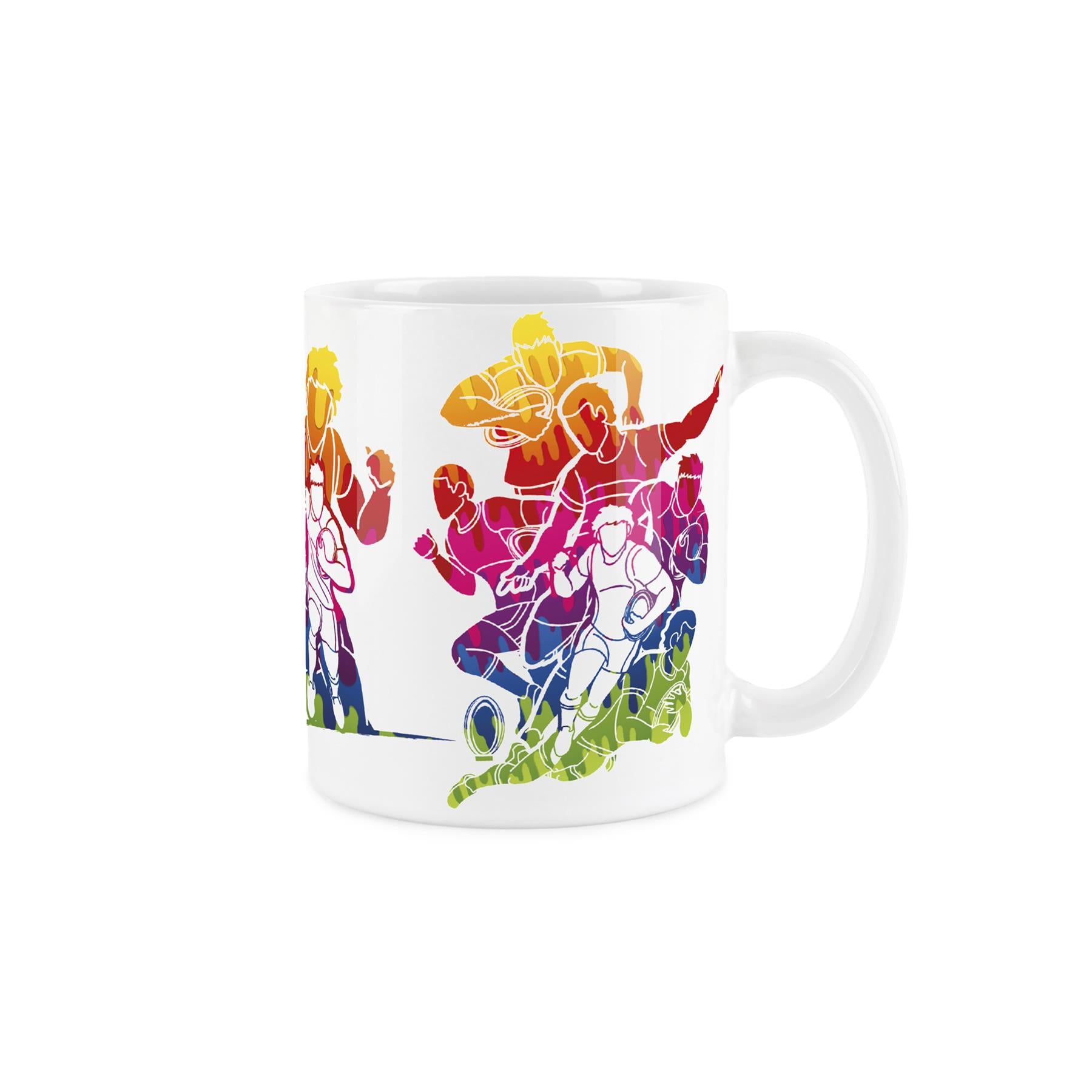 White ceramic mug featuring vibrant, paint-splattered depiction of people performing karate