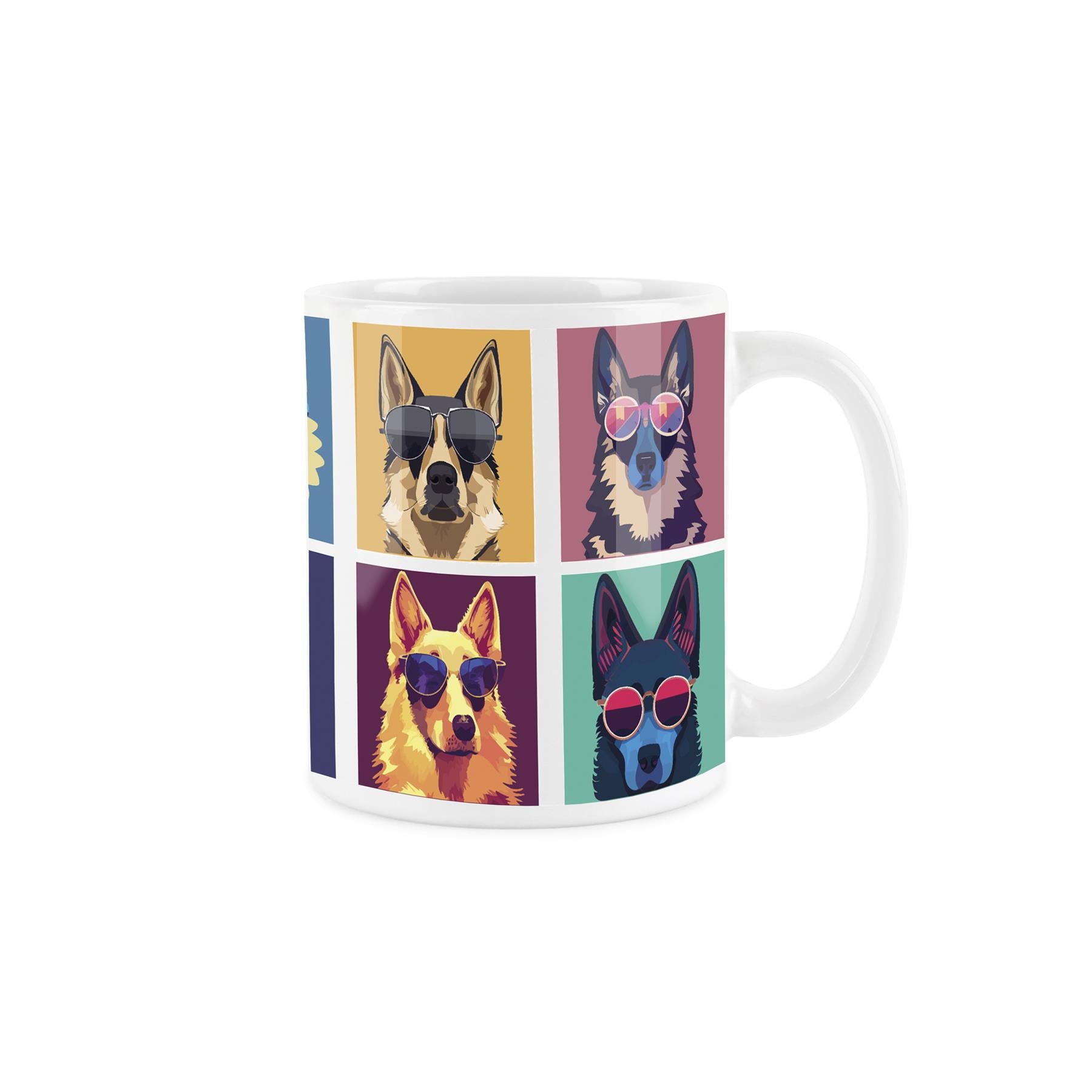 White ceramic mug with popart style depiction of colour dogs