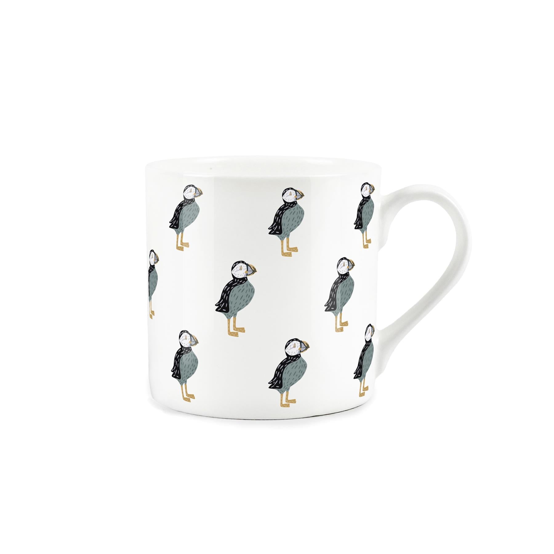 Bone china mug featuring charming puffin pattern