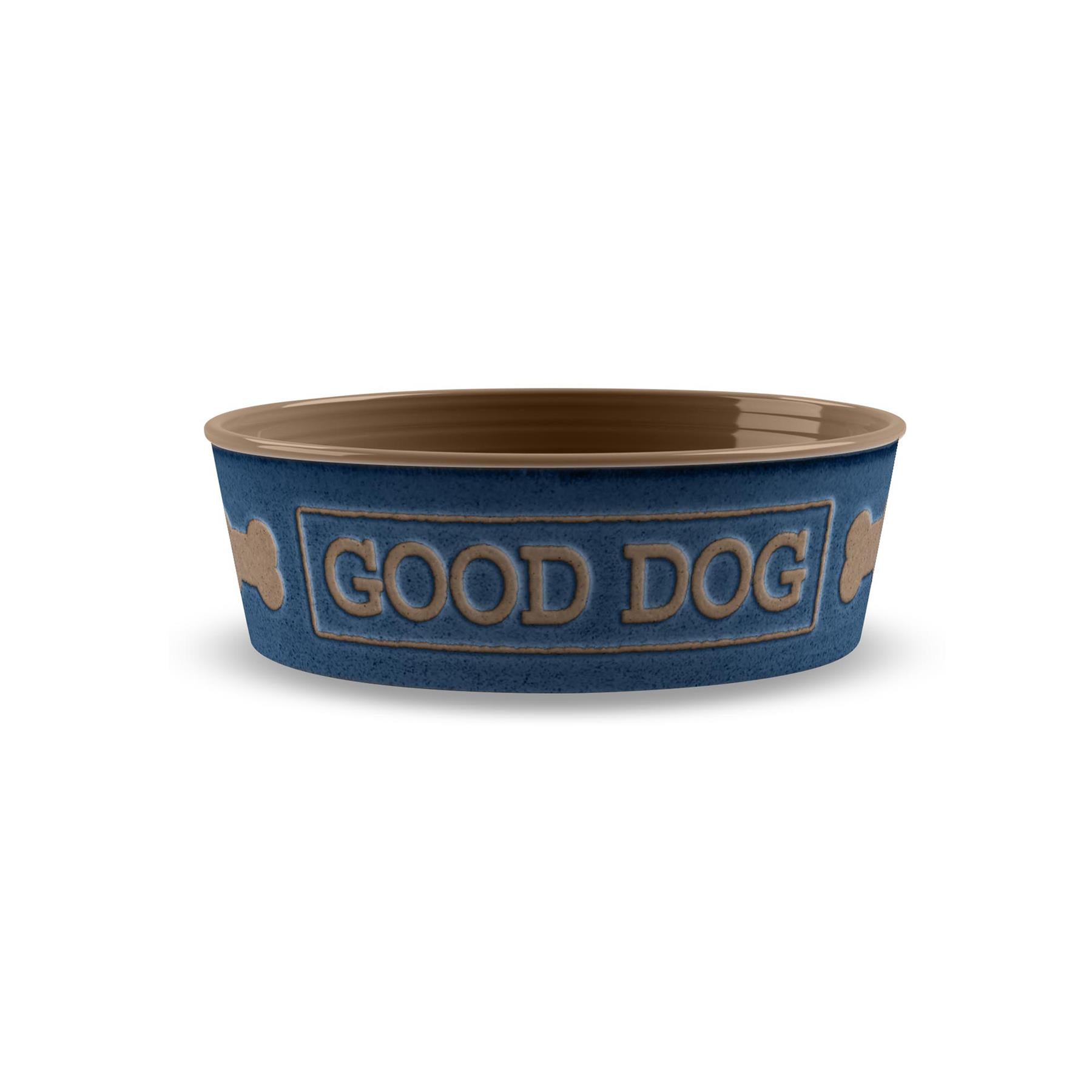 Lightweight melamine medium pet bowl with indigo bone print.