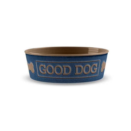 Lightweight melamine medium pet bowl with indigo bone print.