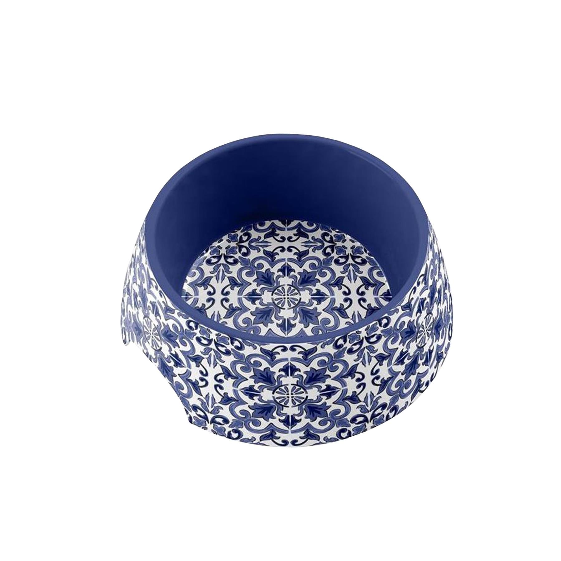 Lightweight melamine Canyon Clay Indigo medium pet bowl with Mediterranean themed print.