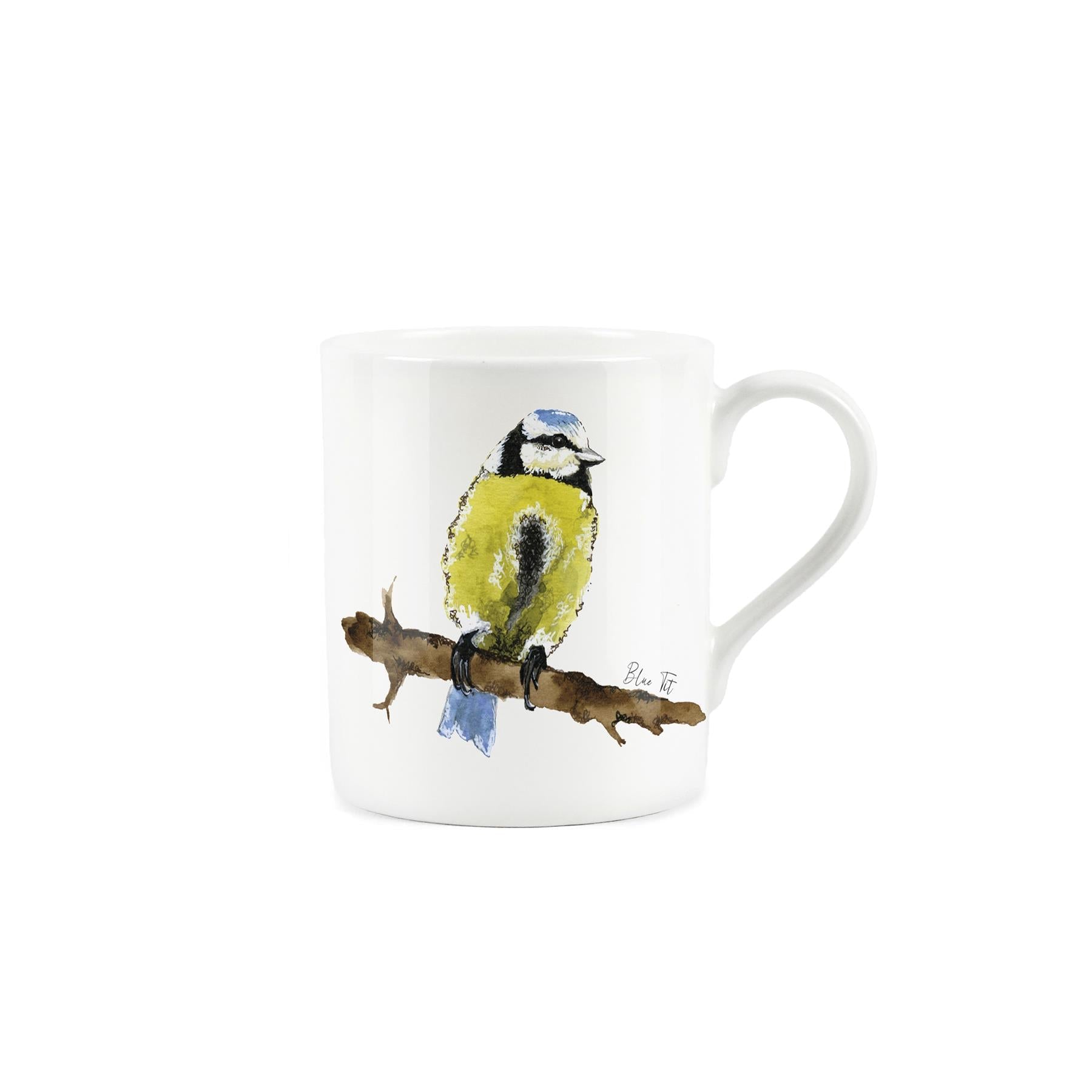 White bone china mug featuring watercolour blue tit.