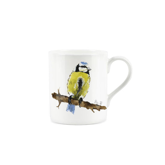 White bone china mug featuring watercolour blue tit.