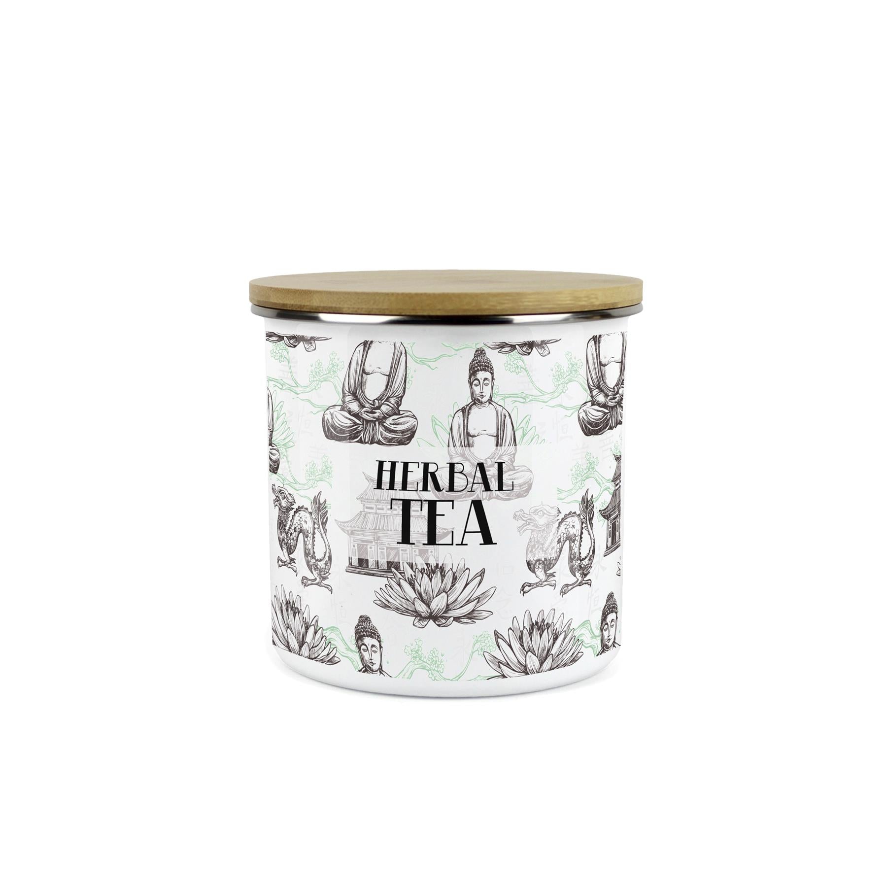 Herbal Tea Storage Canister - Oriental Scene Enamel Kitchen Storage Jar