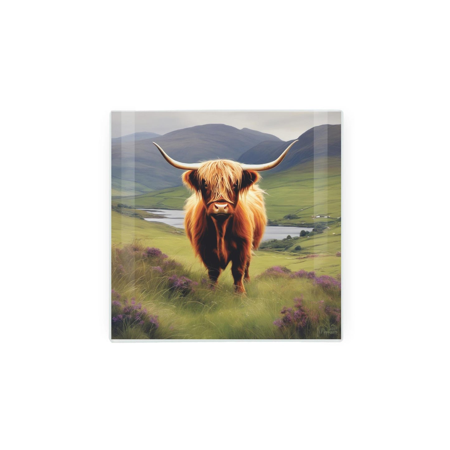 Hot pot stand with Scottish landscape and highland cow.