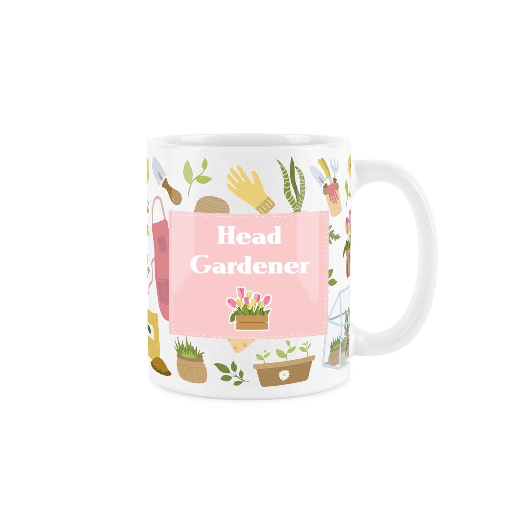 White ceramic mug featuring 'head gardener' text and illustrative pink tulip design