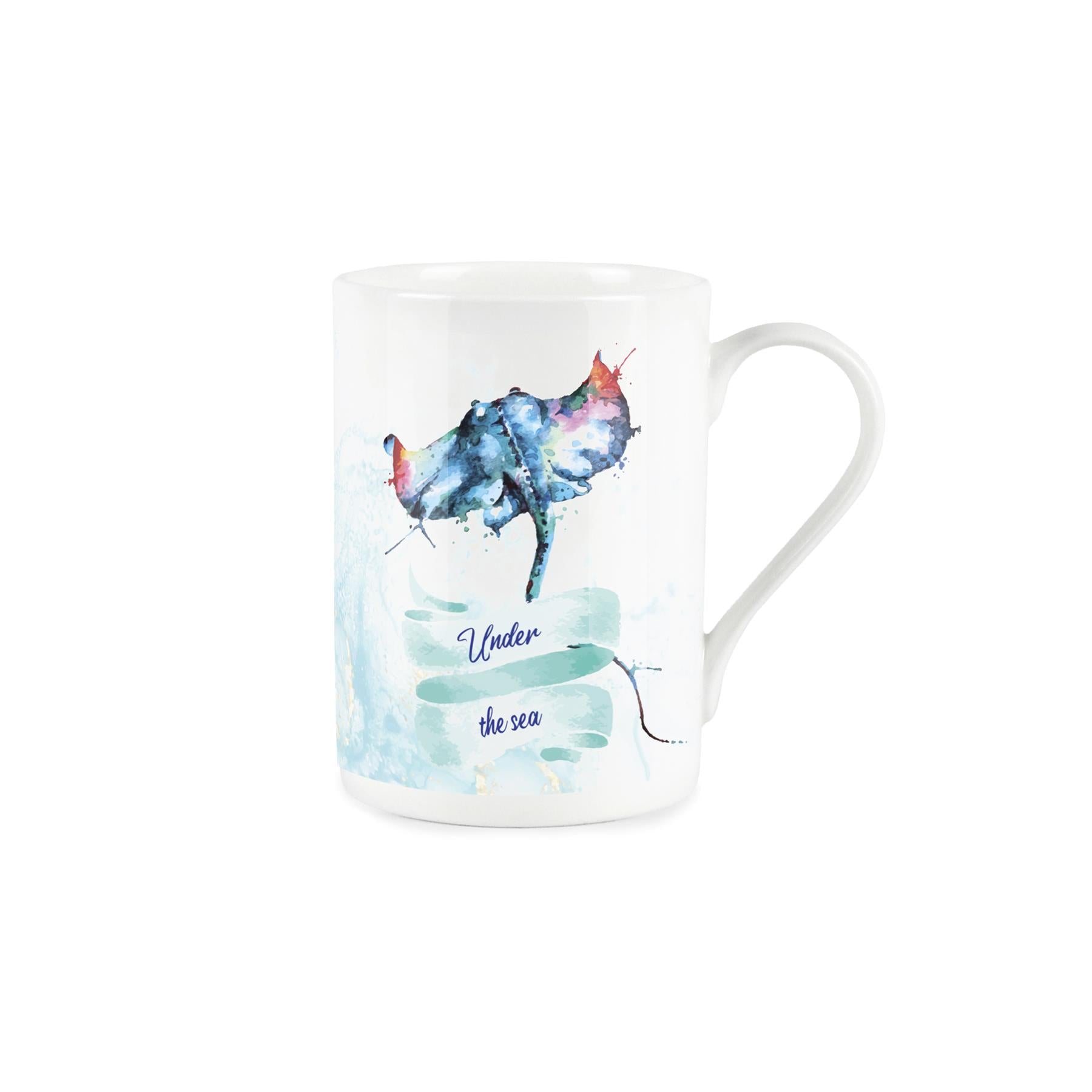 Under the sea' typography on a blue banner with vibrant painted depiction of stingray above on a white bone china mug