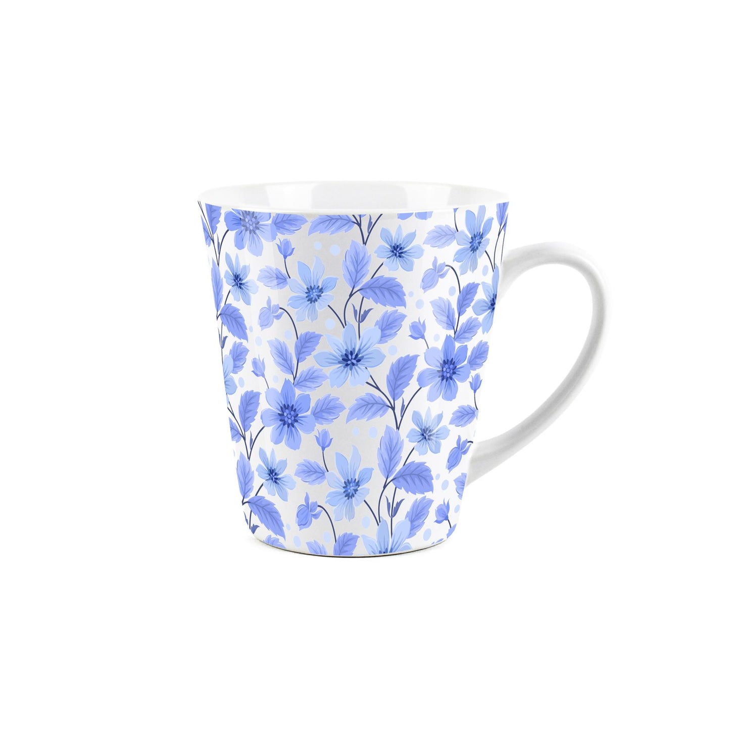 Small white latte mug featuring floral blue design