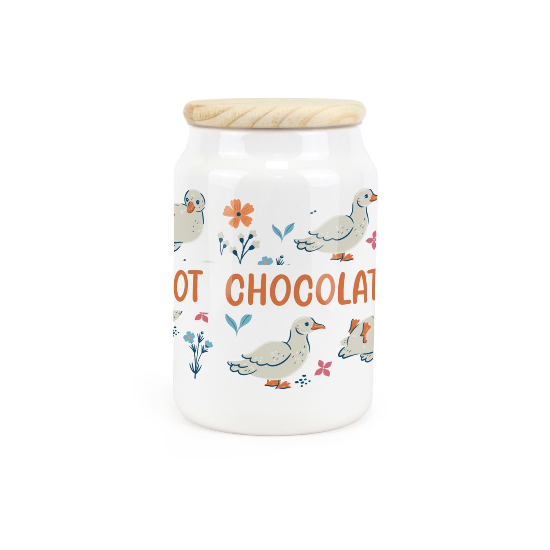 White ceramic canister featuring waddling ducks with a hot chocolate design.