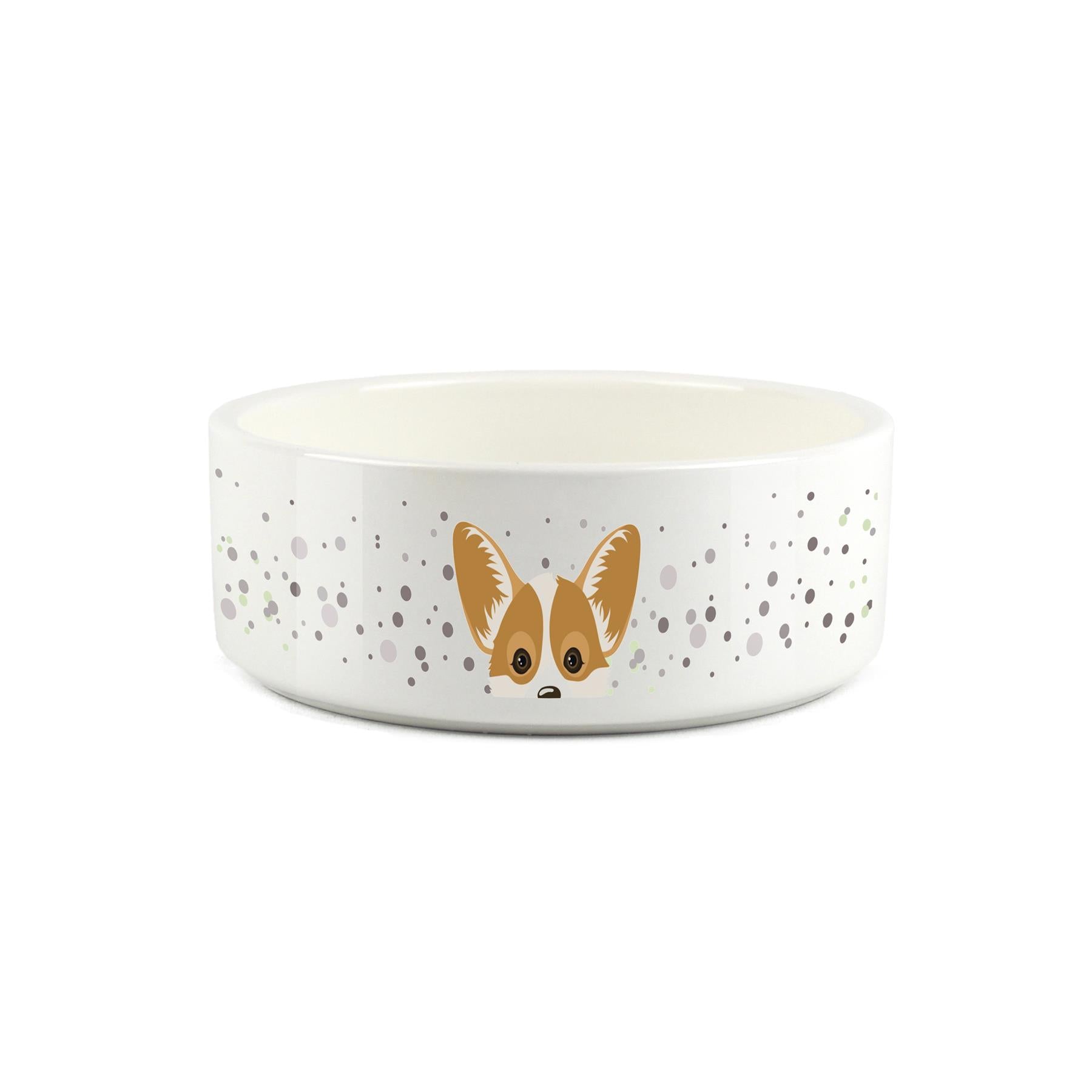 White ceramic pet bowl featuring cute peeping corgi design