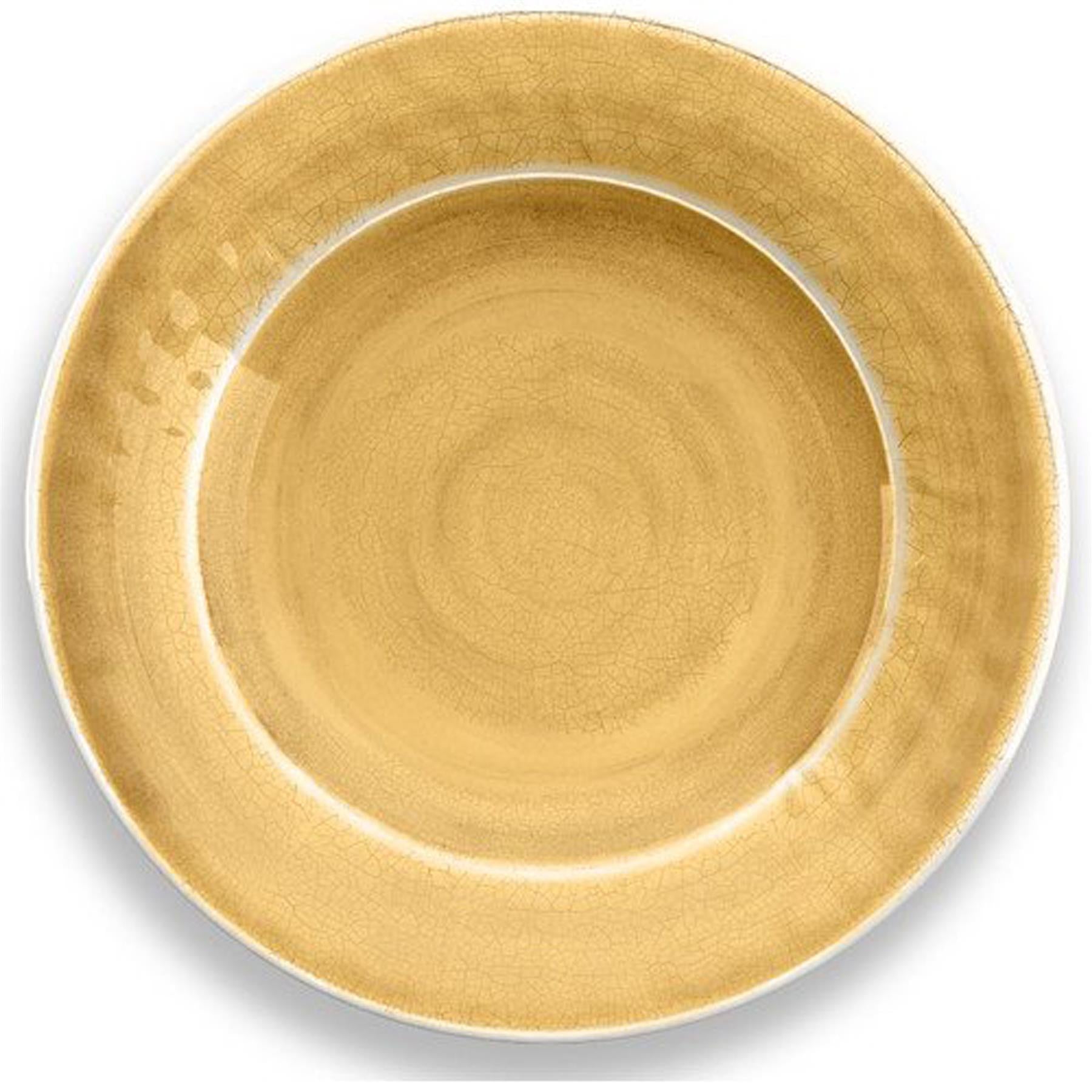 Gold melamine dinner plate with crackle glaze finish.
