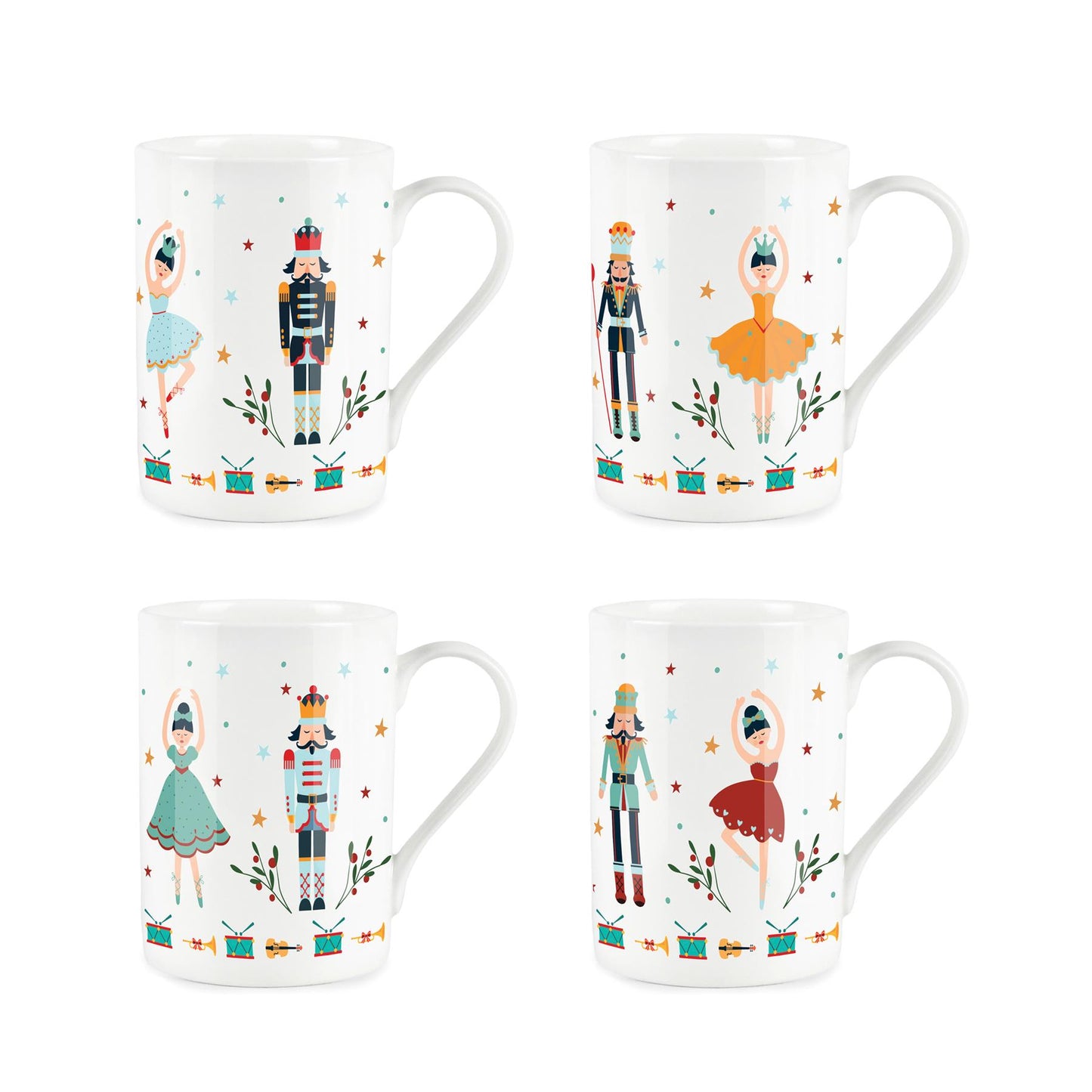 Set of 4 bone china mugs featuring nutcracker and ballerina designs