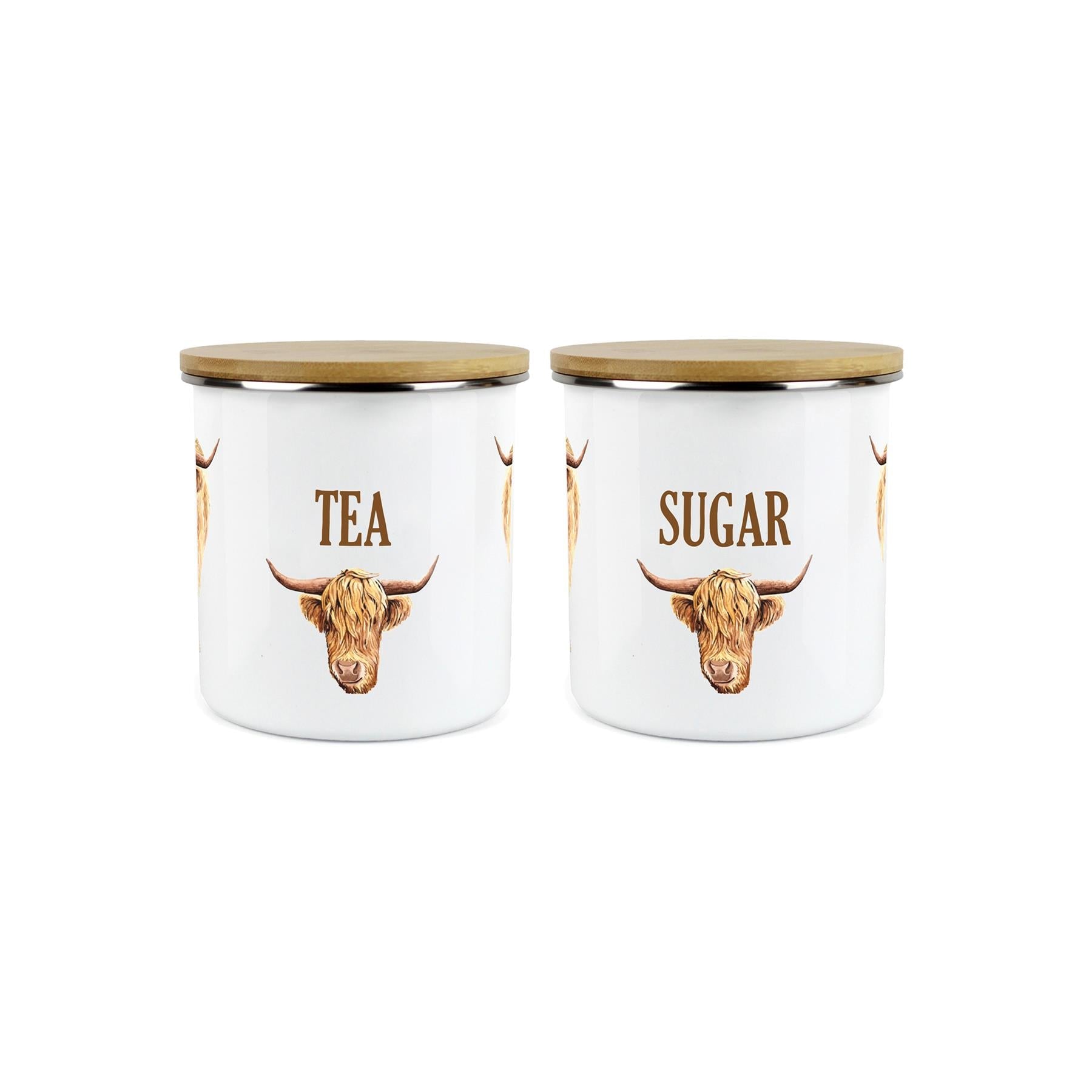 Tea & Sugar Highland Cow Storage Canisters - 2x Enamel Kitchen Storage Jar
